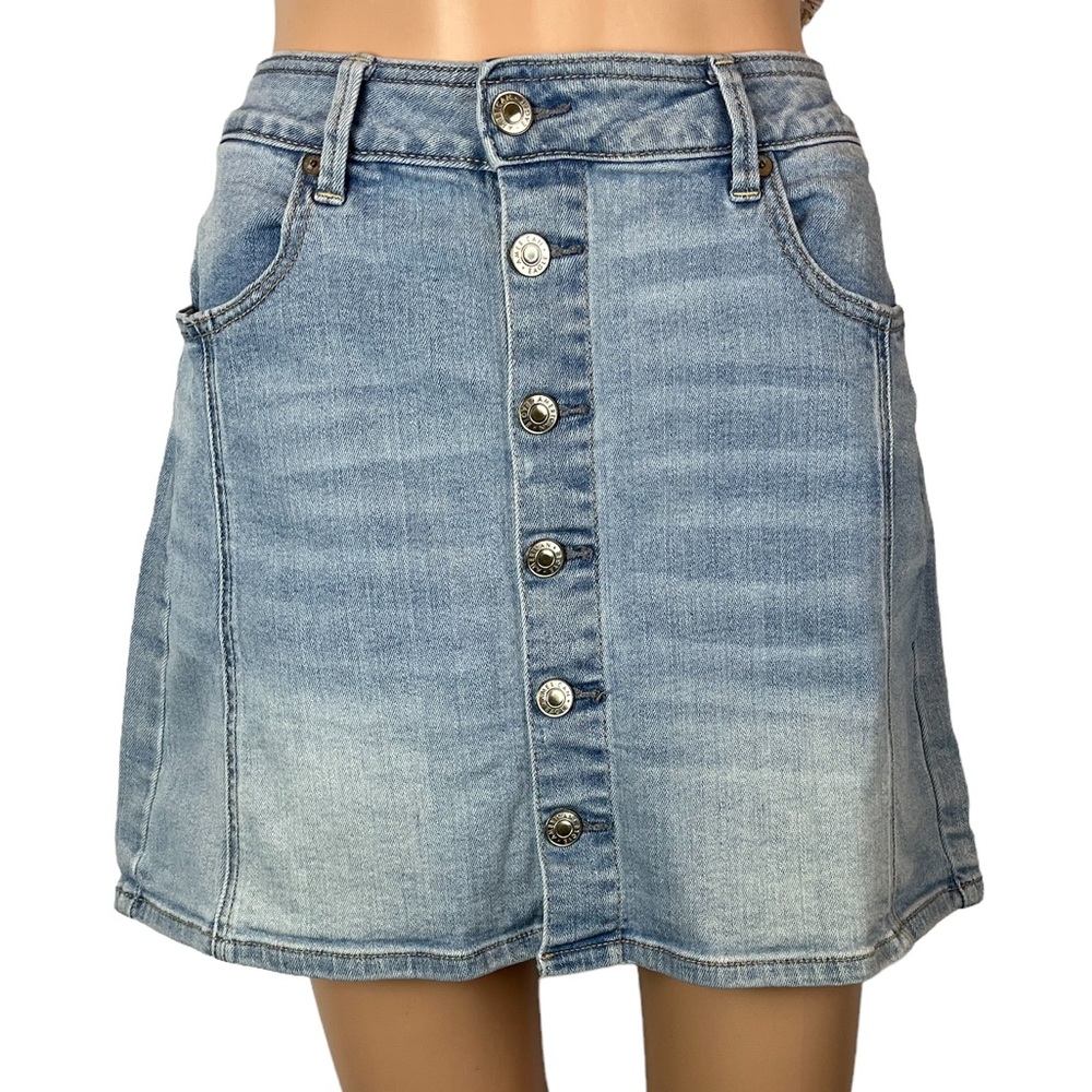 American Eagle Super Stretch Hi-Waist A-Line Mini Skirt, Denim Light Wash |12 - Picture 1 of 11